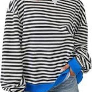 Free People Black and White Striped Hoodie with Blue Trim Oversized